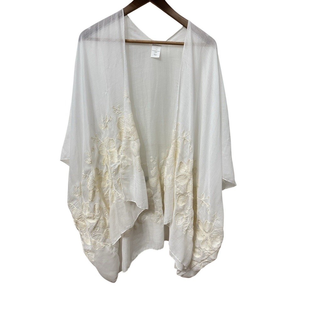 Christopher & Banks Kimono Wrap One Size White Floral Embroidered Linen Blend